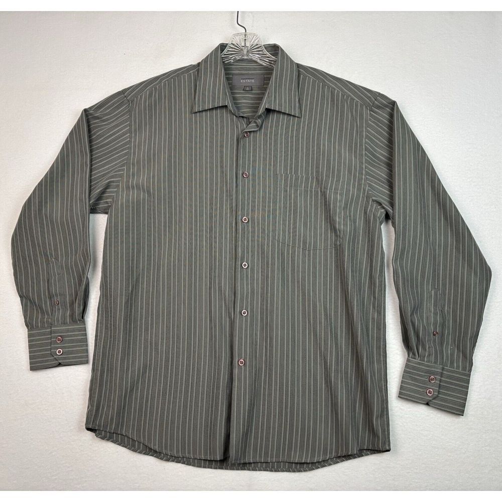 Estate Button Up Shirt Mens Green Striped Long Sleeve Size L (16 1/2) Pocket‎